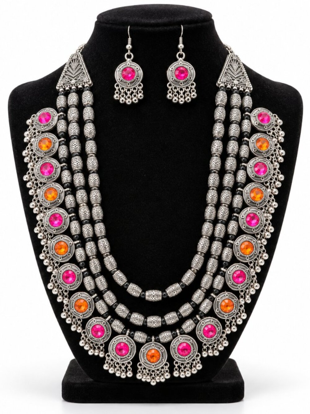Oxidized Silver Statement Necklace & Earrings Set | Pink Orange Stones